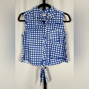 Milly Blue & White Checked Tie Back Button Up Sleeveless Blouse Size 2